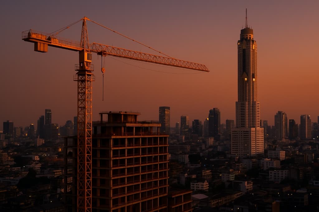 Construction crane and skyscraper at sunset